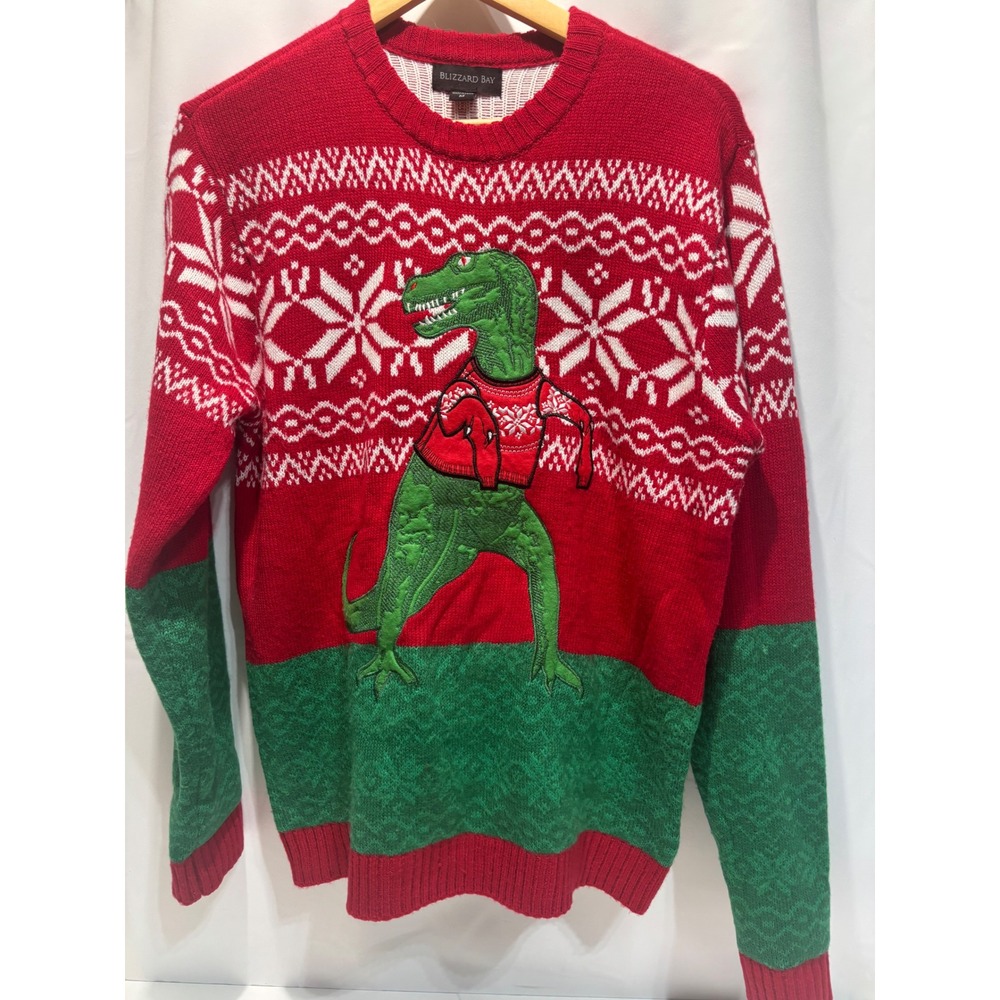 Blizzard Bay T-Rex Ugly Christmas Sweater Kids Medium Red Green Fair Isle